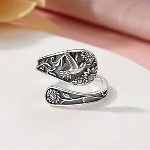 Intricate Silver Bird and Floral Ring
